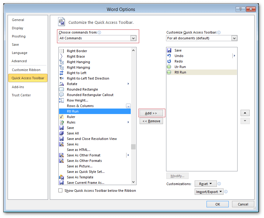 The Customize Quick Access Toolbar sub-menu in Microsot Word