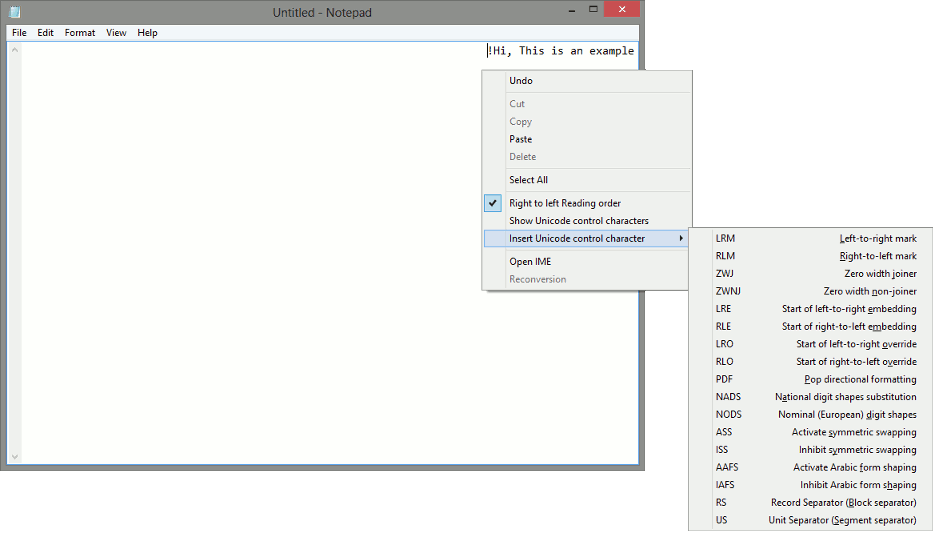 The Insert Unicode control character menu in Notepad